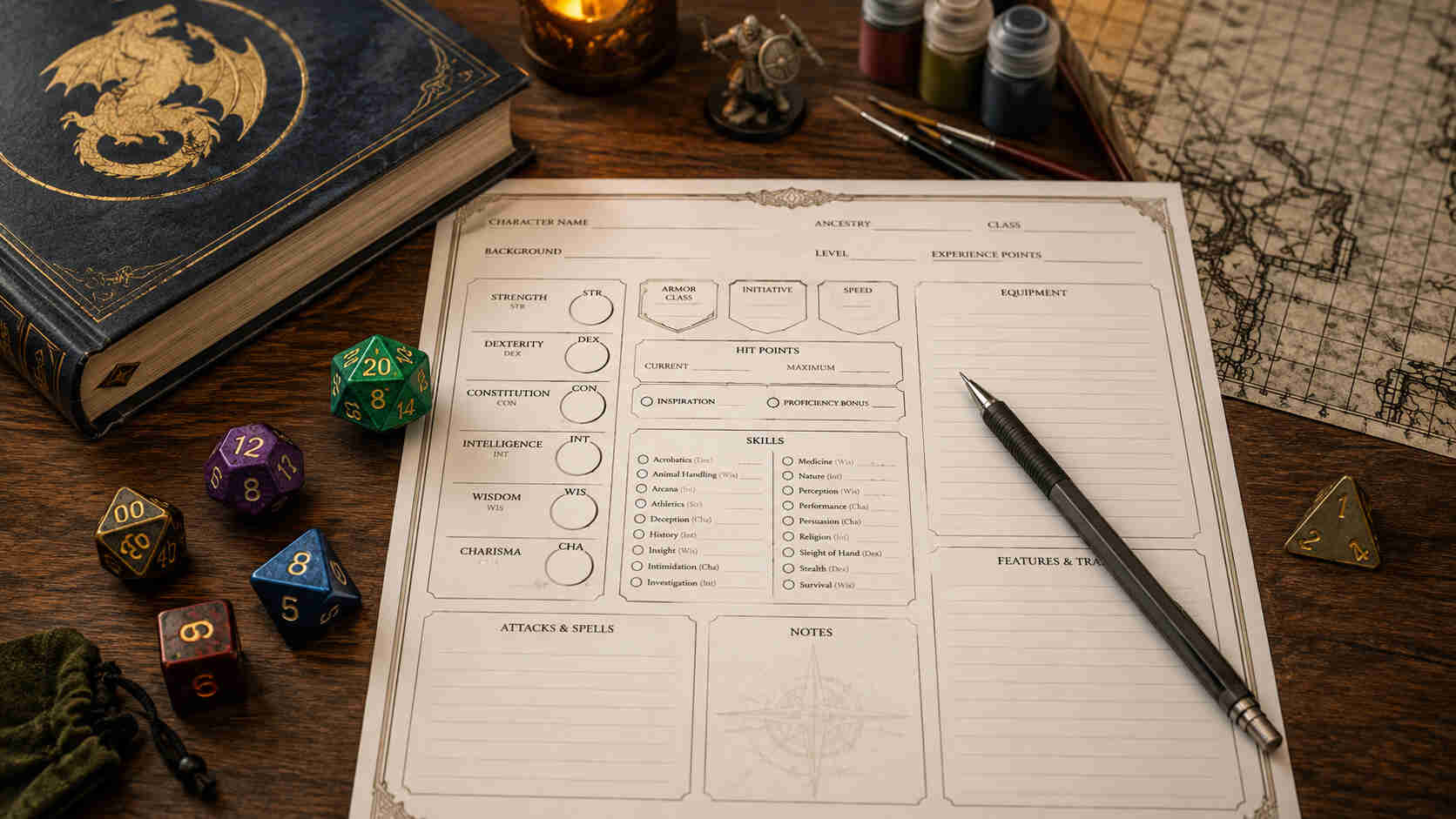 Materiais essenciais para jogar RPG - dados, ficha de personagem e Player's Handbook