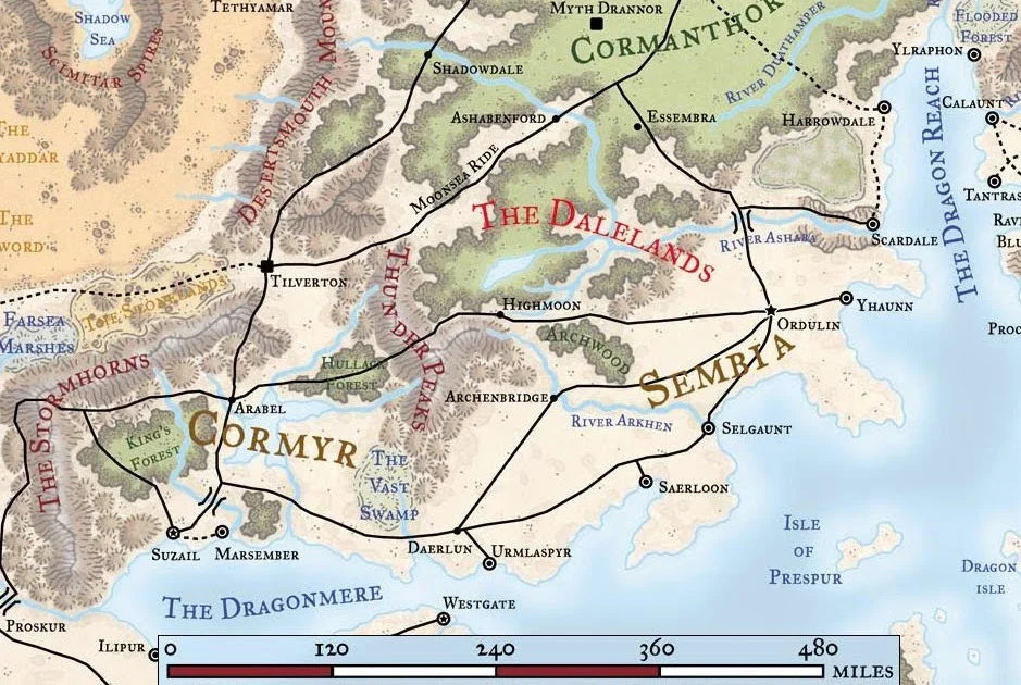 Mapa regional de Cormyr e arredores em Faerûn
