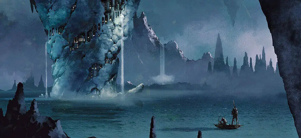 Tempestade nos ermos do D&D — paisagem sombria com fumaça mágica, cidades flutuantes e um barco solitário, evocando o clima imprevisível de Faerûn