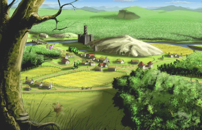 Vale das Sombras em Forgotten Realms — paisagem pastoral verde com vila medieval e torre, ideal para uma exploração dos ermos em D&D 5e