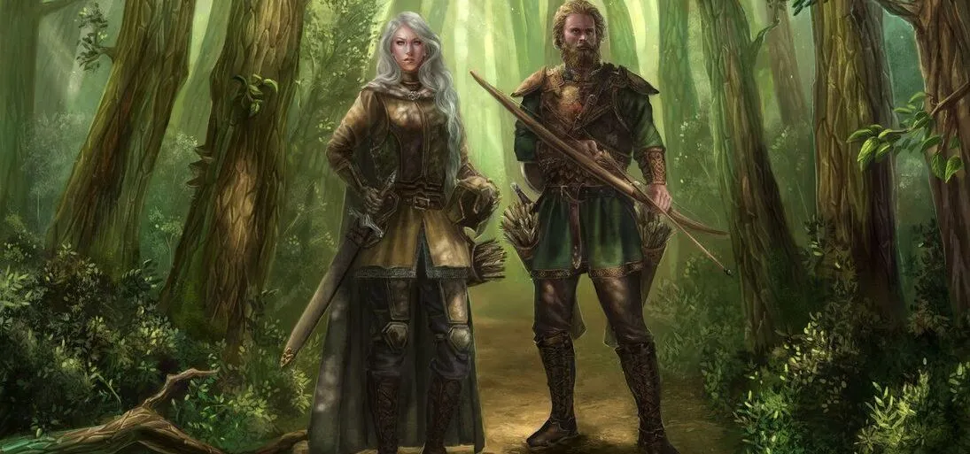 Dove Falconhand — uma das Sete Irmãs de Forgotten Realms — e seu marido Florin Falconhand na floresta