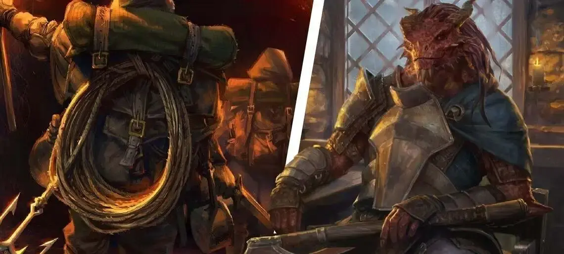 Aventureiro carregando mochila pesada e dragonborn negociando equipamento — ilustração das regras de sobrecarga no D&D 5e