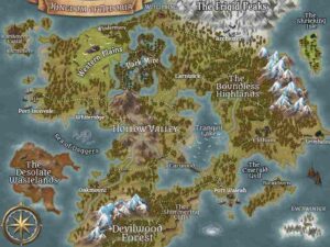 Exemplo de mapa de fantasia de RPG de mesa criado com Inkarnate — ferramenta de worldbuilding